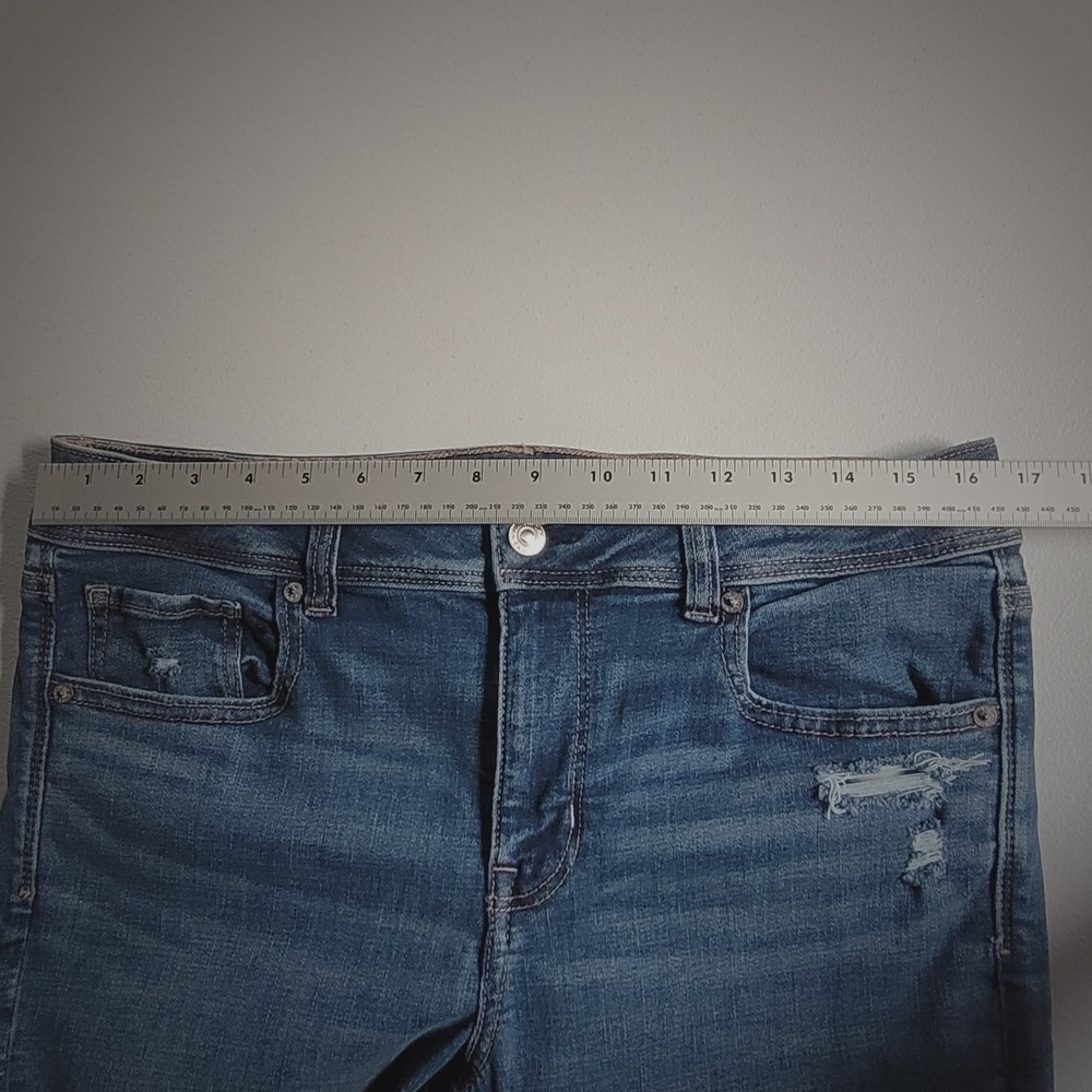 American Eagle Kick Boot Jeans Size 12 Short Blue Dark Wash Distressed Stretch - Picture 3 of 9